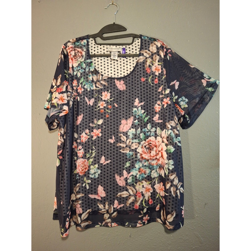 Catherines Womens 1XWP Petite Navy Floral Butterfly Mesh Layered Polka Dot Top